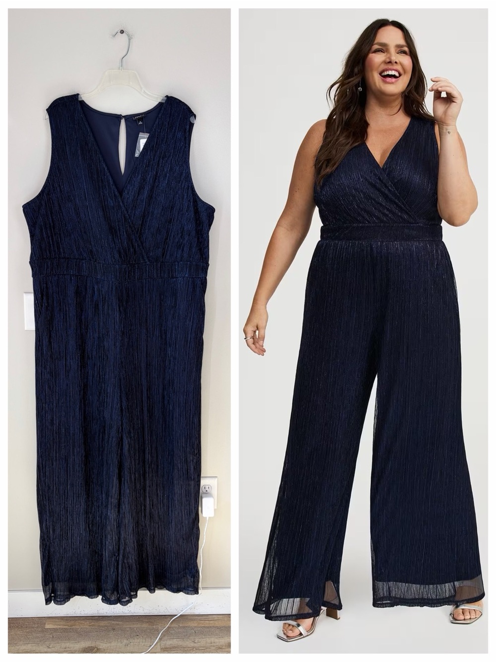 Torrid Metallic Navy Glitter Knit Surplice Wide Leg Jumpsuit Holiday Glam NYE